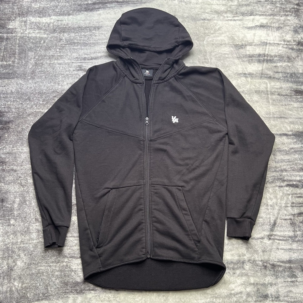 Y2K YoungLA Men's Large Black Full Zip Hoodie Athletic Gym Raglan Curved Hem